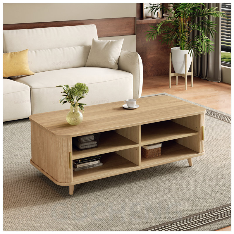 Table basse moderne avec rangement Mid-Century: 4 tablettes, 2 portes, parfaite pour le salon et le cinéma maison
