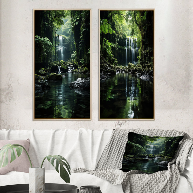 «Waterfall Hidden Oasis Forest», 2 pièces sur toile, Encadrement brun, H 24 po x l 20 po