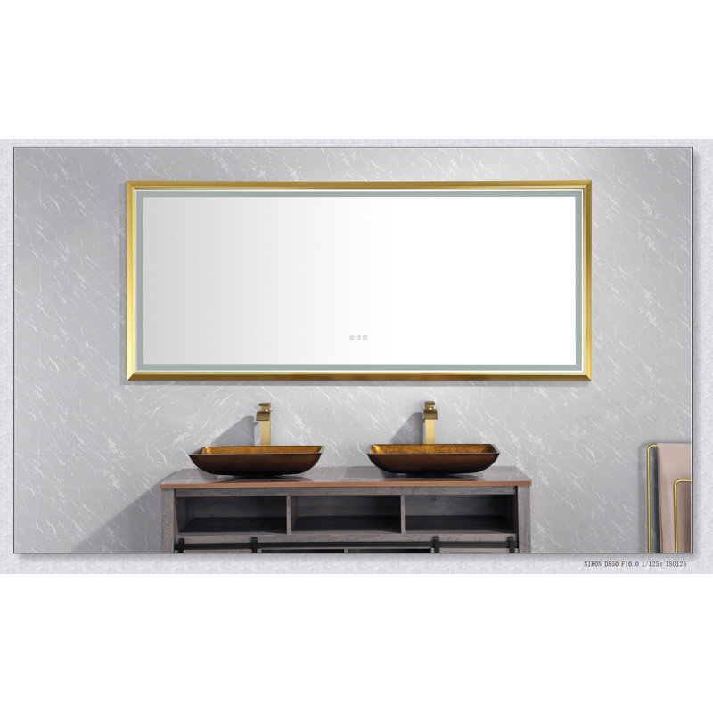 Miroir de salle de bain 84 po x 48 po à DEL avec cadre en aluminium, miroir de meuble-lavabo mural, anti-buée, mémoire, 3 couleurs, réglable en continu