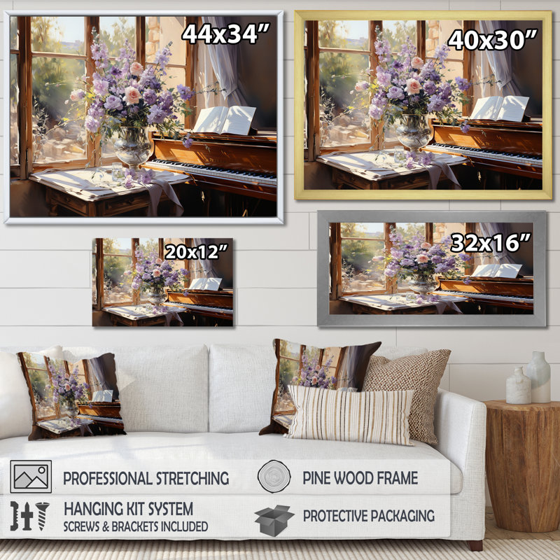 Piano, sérénade, fleurs mauves, bouquet I - assortiment de bouquets d'art mural, Toile tendue, H 34 po x l 44 po x P 1,5 po
