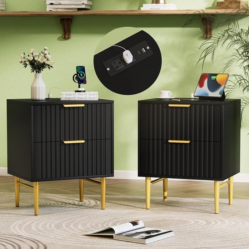 Fluted Nightstand Set Of 2 – Modern Black Bedside Tables With Drawers & Charging Station, Gold Legs