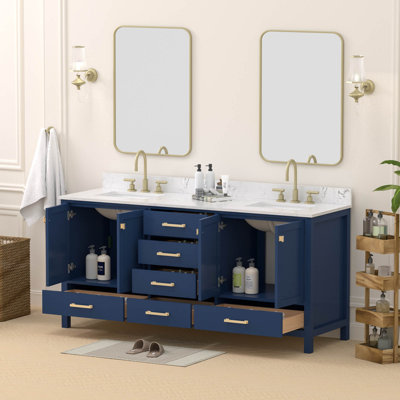 72" Solid Wood Freestanding Double Bathroom Vanity With Engineered Stone Top