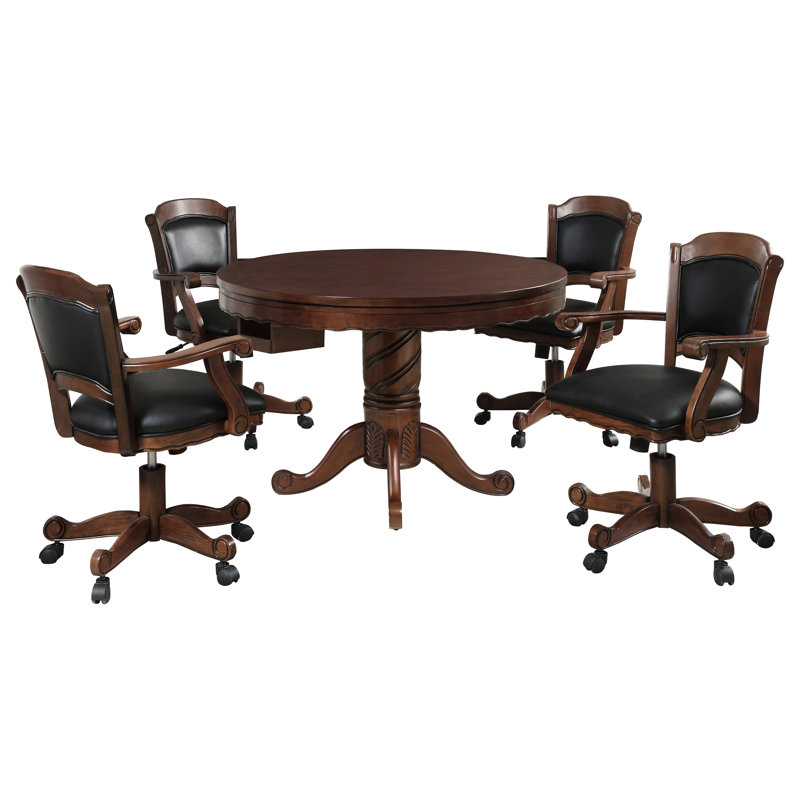 5 Noir et tabac pour la salle à manger, table à trois places avec finition riche et conversion facile, motif en spirale à feuilles, piscine à bord en feutre, chaises rembourrées flexibles, siège à piédestal rond 4 parties 5