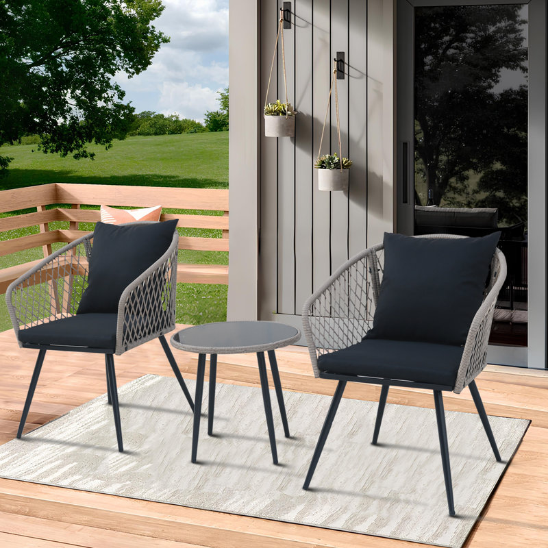 3-Piece Outdoor Patio Bistro Set – Modern Wicker Conversation Chairs with Glass Table & Cushions, Black, Gray