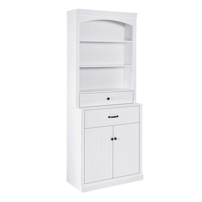 Armoire de rangement blanche avec deux portes, tiroirs, tablette réglable et trois tablettes ouvertes blanches