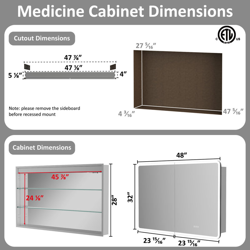 Daleah 48'' W x 32'' H LED Medicine Cabinet with Mirror, ETL Certified, Dimmable Lights, Anti-Fog Defogger, Adjustable Shelves, Extra-Large Storage, Rounded Edge, Recessed or Surface Mount, Frameless Design