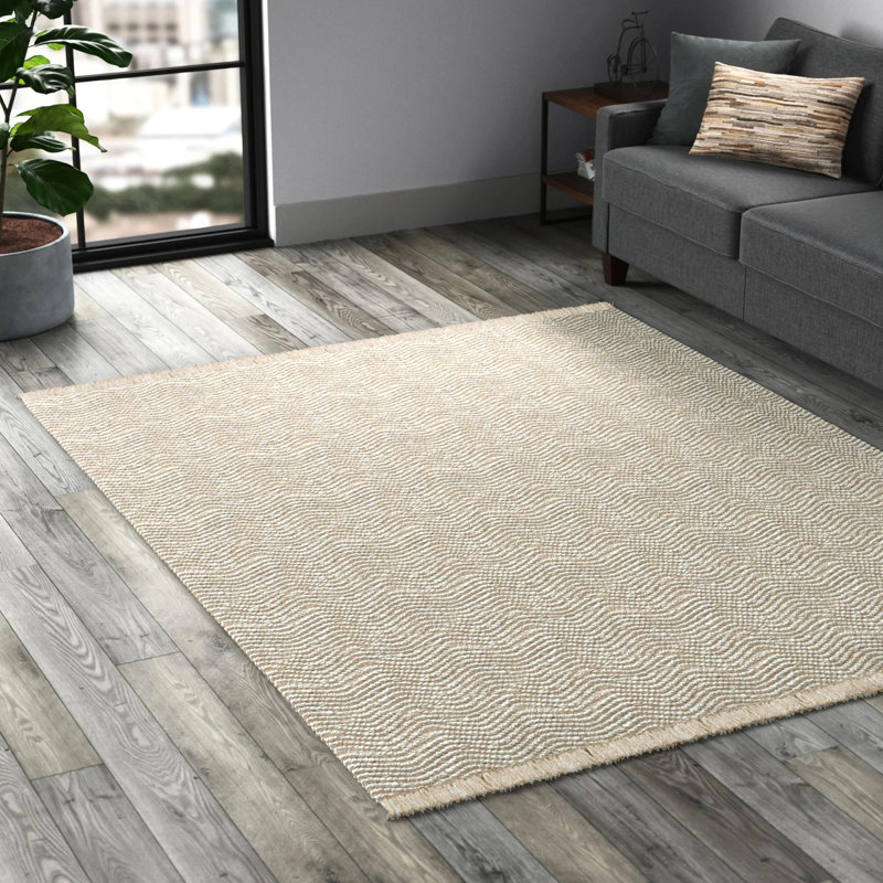 Kazunori Chevon Handmade Flatweave Tasseled Jute Beige Rug, Rectangle 8'6" x 11' 6"