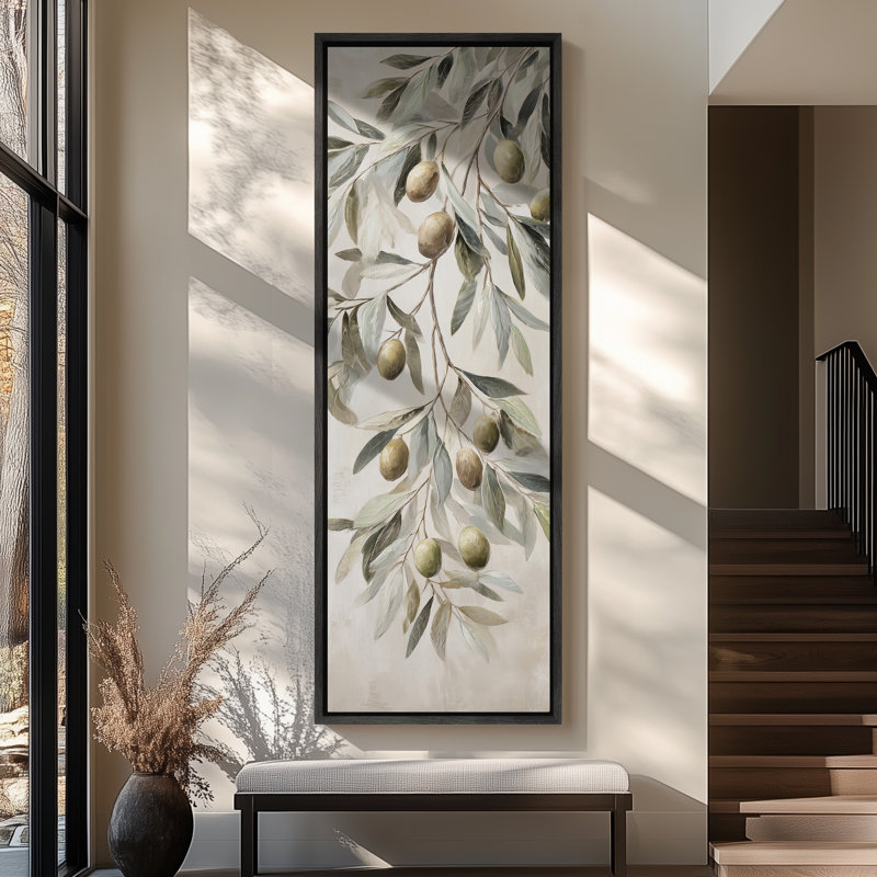 "Olive Branch", art mural botanique dans des tons de vert doux et de tons neutres, Noir, H 60 po x l 20 po x P 1,5 po