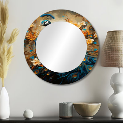 Teal Gold Emerald Peacock Drips - Peacock Decorative Mirror, Modern Round Wall Mirror, Printed Metal Art