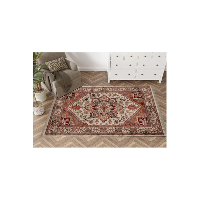 Tapis décoratif rouge à motif traditionnel rouge et beige, Rectangle 4 pi 7,12 po x 6 pi 6,74 po