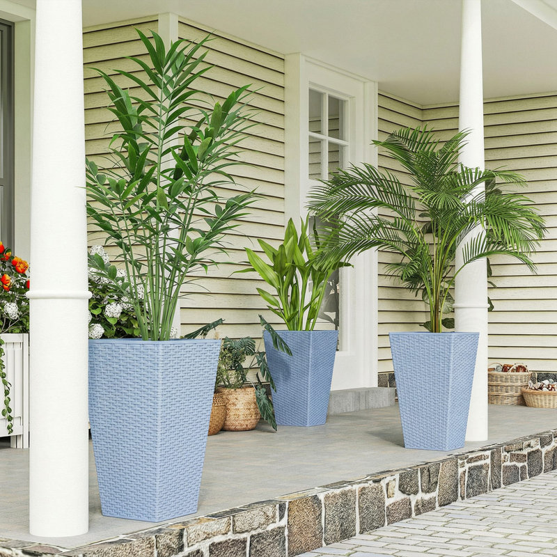 Tall Planters for Outdoor Plants Set of 3, 24 In Taper Planters with Drainage Holes, Rattan Decor Plant Pots for Indoor Outdoor Front Porch Patio Backyard, Light Gray