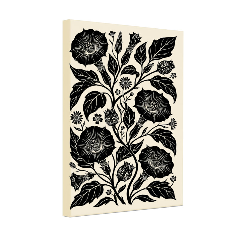 Plantes et fleurs à motif floral noir sur fond crème, H 18 po x l 12 po