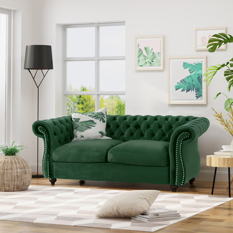 Causeuse à bras roulés Pasillas, Velours émeraude, H 27,75 po x l 61,75 po x P 33,75