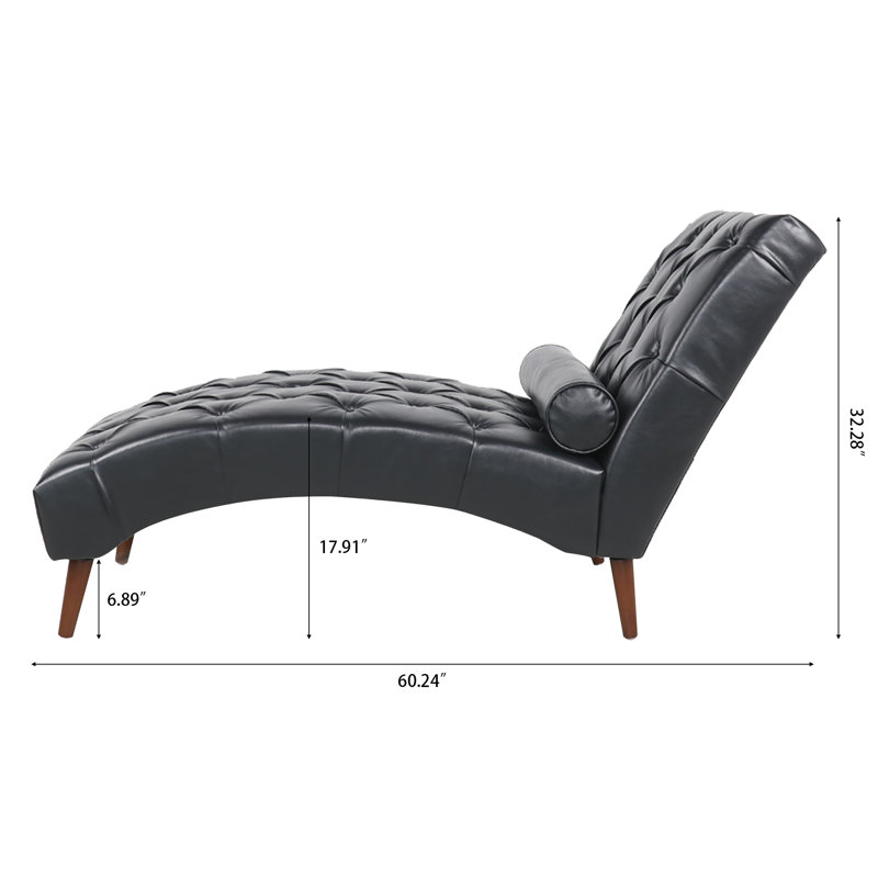 60" Tufted Upholstered Chaise Lounge with Rolled Pillow, Black
