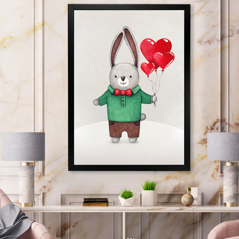 Petit mignon lapin tenant des ballons - peinture sur toile, H 20 po x l 12 po x P 1 po, Cadre d'angle fermé noir