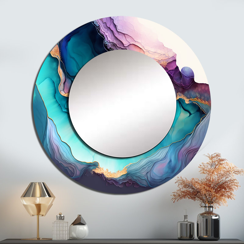 Starkesha Blue Purple Abstract Geode I - Marble Large Wall Mirror, Modern Unique Mirror, Printed Metal Art, 29" x 29", Round
