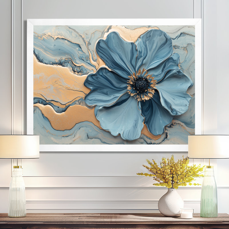 «Jacouri Geramium Marble In Golden Blue II», reproduction sur toile encadrée, Reproduction encadrée d'une seule photo, Blanc