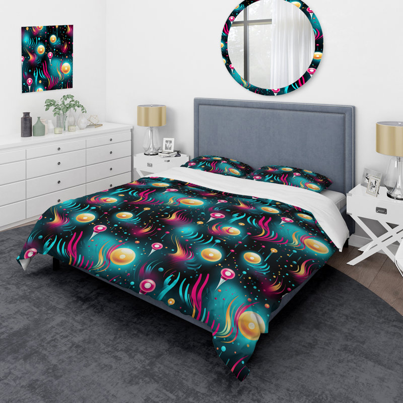 Ensemble de housse de couette rose et bleu Retro Waves III, Housse de couette pour très grand lit et 2 très