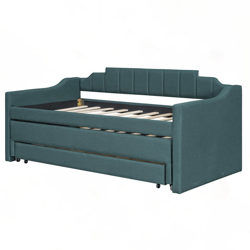 Upholstered Daybed with Trundle and Three Drawers, Green
