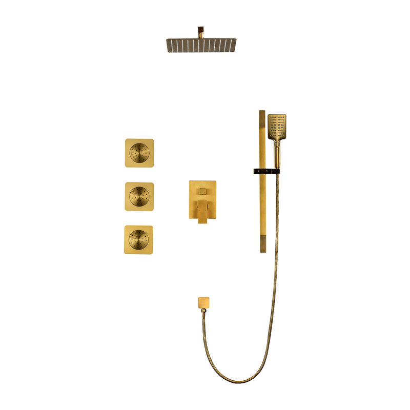 Shower System With Shower Head, Hand Shower, Slide Bar, Bodysprays, Shower Arm, Hose, Valve Trim, And Lever Handles, Gold