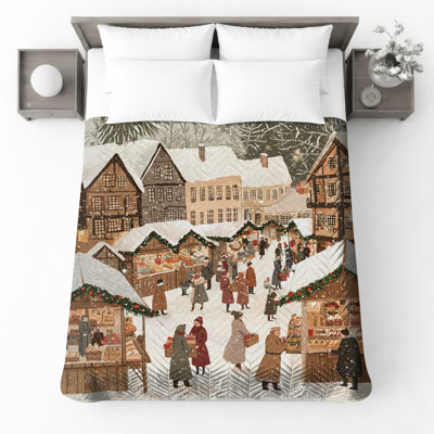 Winter Market Scene Bedding Christmas Bedspread Holiday