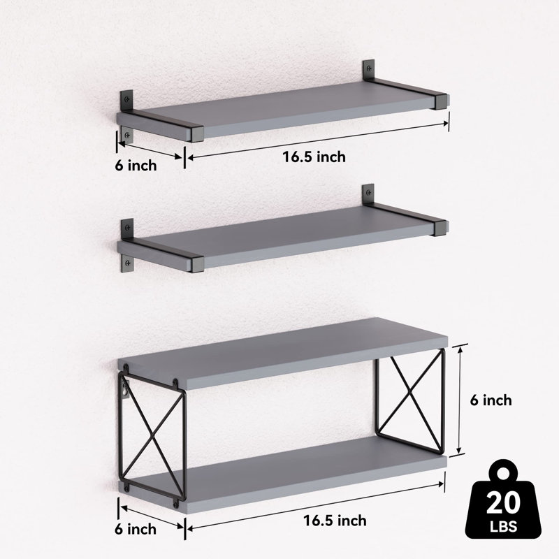 3 Piece Pine Floating Shelf, Gray