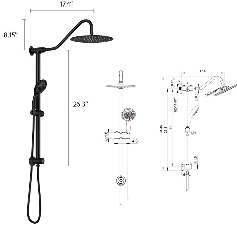 Système de douche à 5 fonctions, noir mat. Tête de 10 pouces et barre coulissante de 26,3 po. Fixation murale, facile à installer. Pluie, massage, modes à bulles. Comprend une tête, un appareil portatif, un tuyau. Buse pour le nettoyage. Aucune trousse de garniture de valve