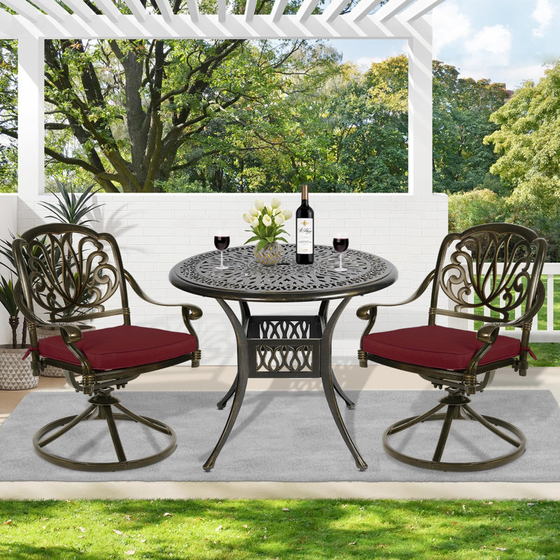 Ensemble bistro rond avec coussins 35,4 po, Rouge piment, Bronze foncé