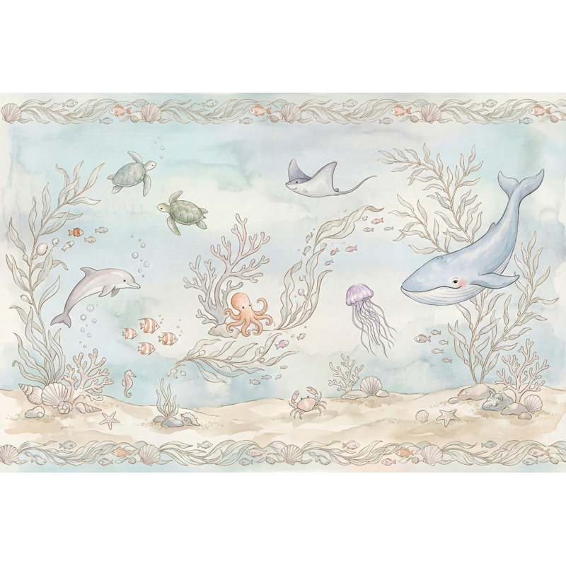 Murale sous-marine aquarelle, 100 po x 96 po, Peler et coller