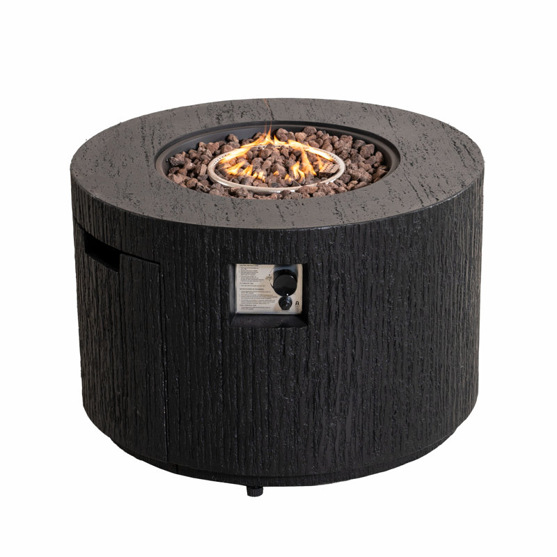 Table basse d'extérieur ronde au propane de 89,3 cm (35,19 po), 50 000 BTU, aspect bois, avec compartiment dissimulé pour la bouteille de propane.
