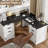 Farmhouse L Shaped Desk With Hutch, 57" Executive Desk With Drawers, Home Office Desk With Sliding Doors And File Cabinet, Wood Corner Desk With Charging Station For Home Office, Study, White