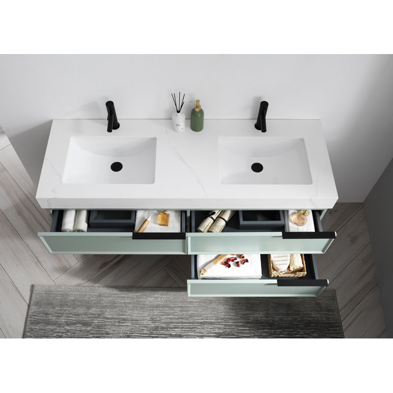Nikola 60'' Natural Wood Veneer Plywood Double Bathroom Vanity with Quartz Top