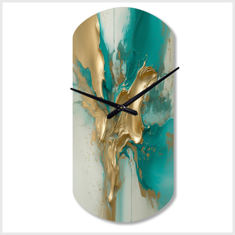 Or et turquoise encre fluide en marbre II - Grande sculpture d'horloge murale dorée, Grand