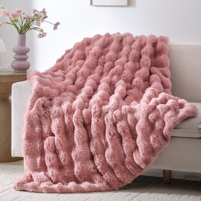 Faux Fur Throw Blanket for Couch – Old Pink Fluffy Cozy Rabbit Fleece, Plush Soft Bubble Blanket for Sofa & Bed, Warm Fuzzy Home Room Decor Throw 50" x 60"