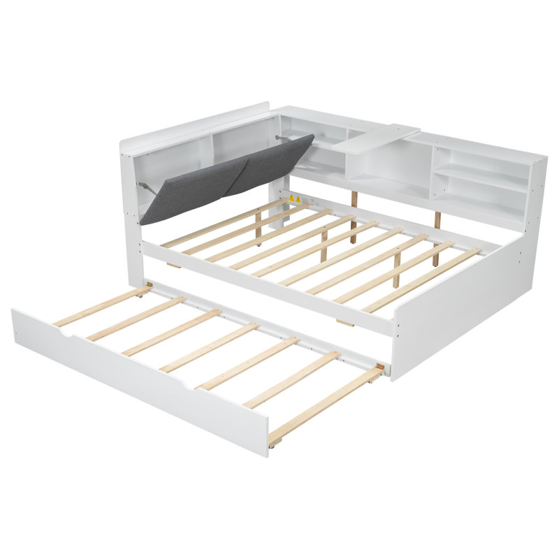 Lit plateforme en bois avec lit gigogne, Lit double, Blanc