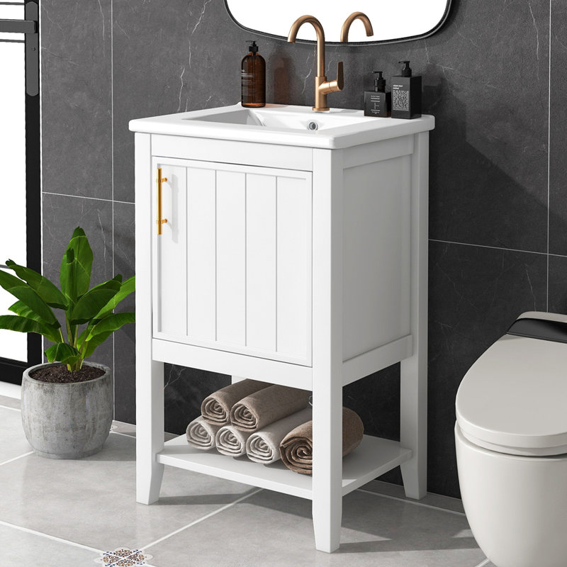 Meuble-lavabo de salle de bain avec lavabo, armoire de salle de bain avec porte à fermeture douce, support de rangement et tablette ouverte