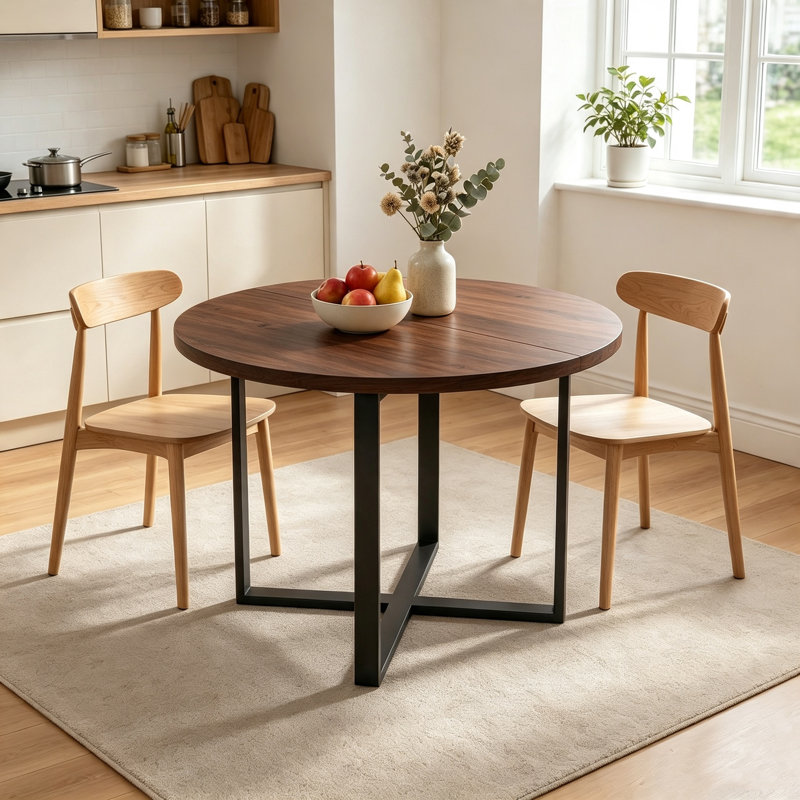 43.3‘’ Round Walnut Dining Table, Space-Saving Solid Wood Kitchen Table, Brown Wood