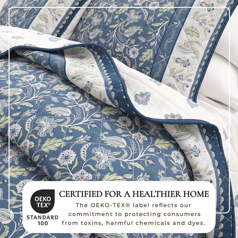 Ensemble de courtepointe à bordure florale en coton, Motif floral bleu, Courtepointe pour lit simple + 1 taie décorative 