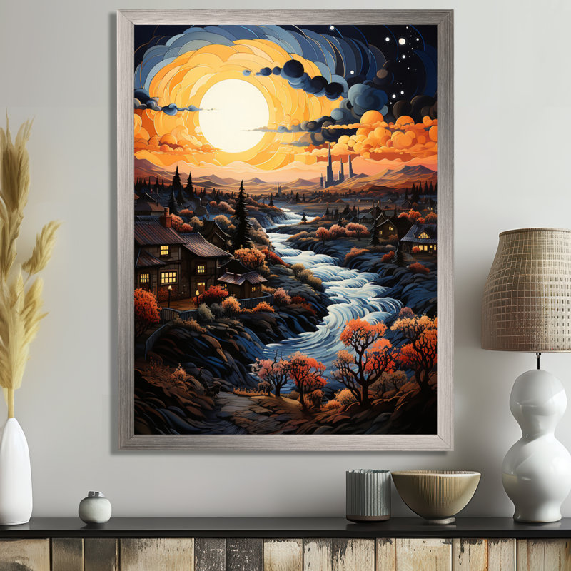 «Van Gogh», reproduction d'art sur toile, «Vangogh Village At Sunset I», H 40 po x l 30 po x P 1,5 po, Cadre simple argenté