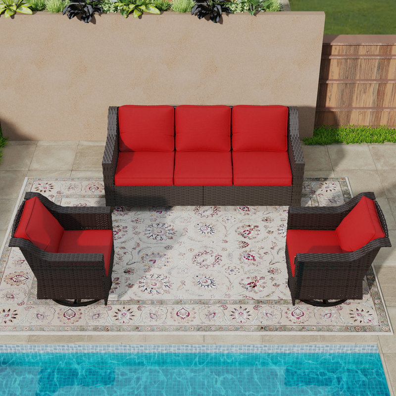 3-Piece Outdoor Wicker Conversation Set with Swivel Side Chairs & Plush Outdoor Cushions, Red