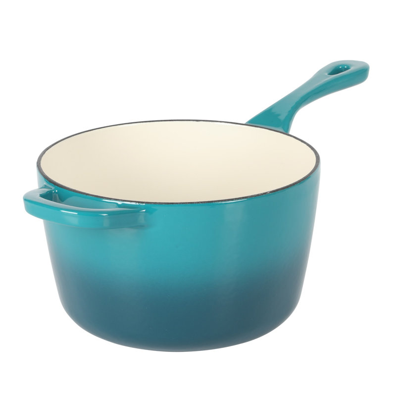 Crock-Pot 3 Qt Enamel Cast Iron Sauce Pan W/Lid - Matte Linen White, Teal Ombre