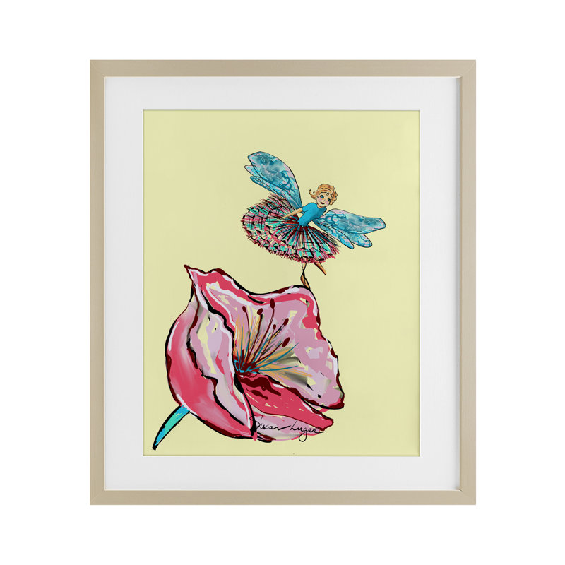 Ballerine fée et fleur, reproduction encadrée sous verre, design par Susan Lugar, H 21 po x l 17 po, Cadre de récolte en pin