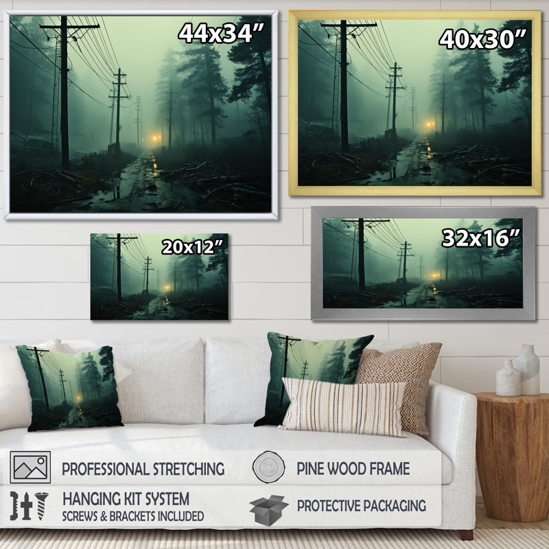 Lignes électriques bleu sarcelle et mystère I, H 30 po x l 40 po x P 1,5 po, Cadre doré simple