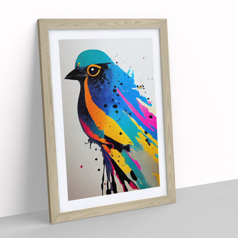 Bird Paint Drips No.5 - Wall Art, 48cm H x 36cm W, Oak Framed, White