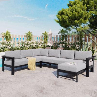 Ensemble de canapé modulaire d'extérieur avec coussins ultra-épais de 5,9 po, canapé de conversation de patio à 5 ou 6 places toutes saisons avec structure en fer robuste, adapté à la cour, au jardin, au bord de la piscine
