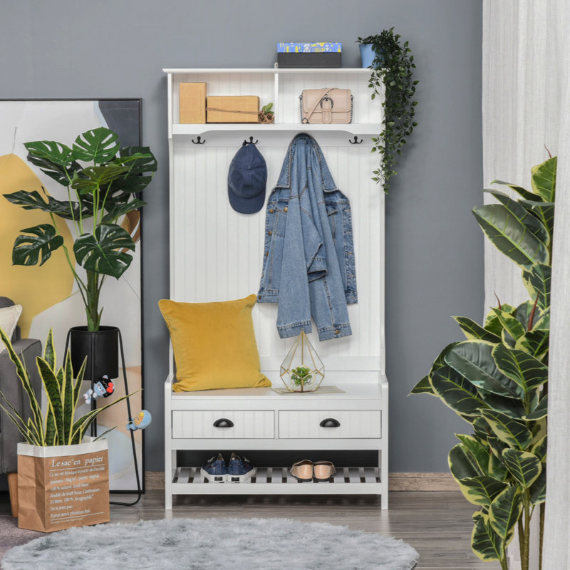 3-In-1 Hall Tree, Entryway Bench With Coat Rack, Mudroom Bench With Shoe Rack, 2 Storage Drawers, 4 Hooks And Padded Seat Cushions  Hallway,