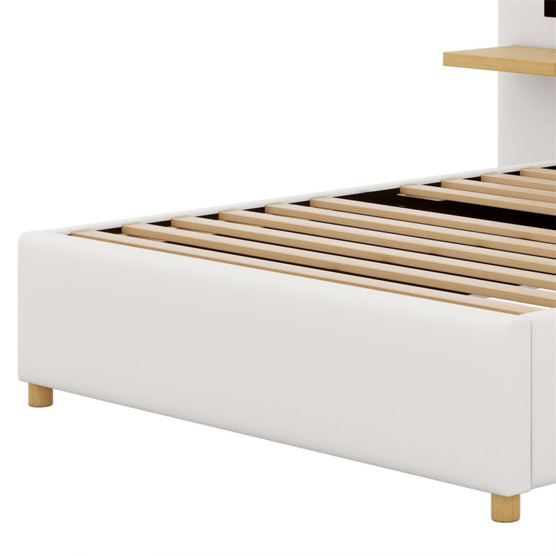 Upholstered Platform Bed With Two Outlets,USB Charging Ports, Two Bedside Pillows And Storage Shelves, Beige, Queen