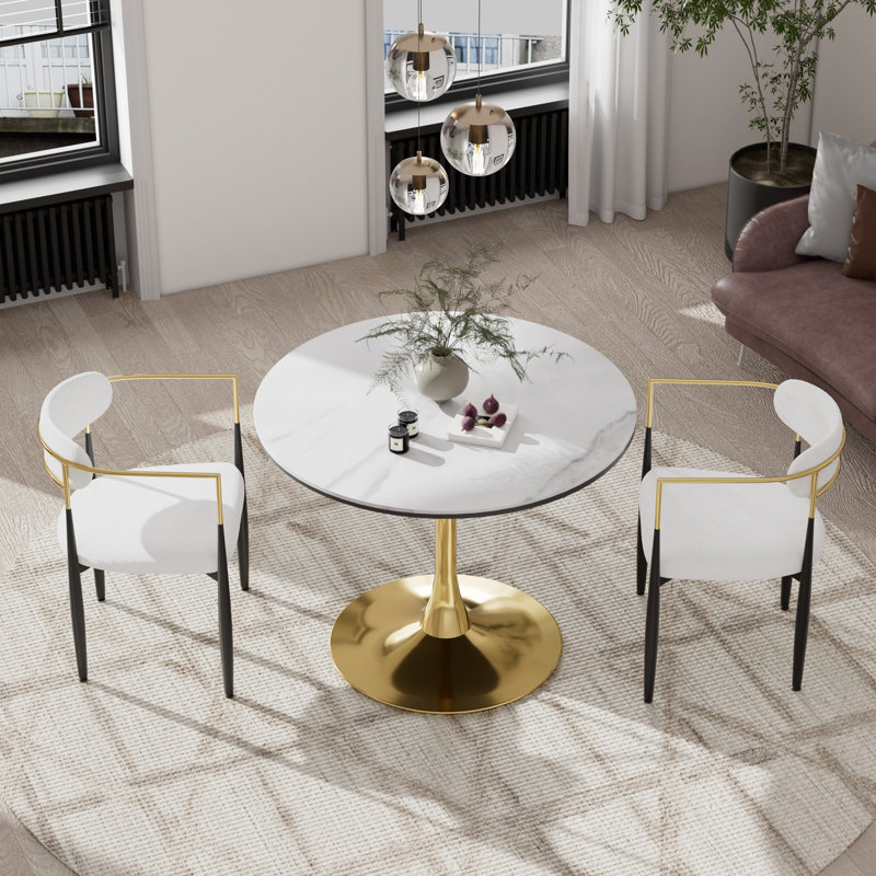 Ensemble de salle à manger à piédestal en marbre, Beige, 3 pièces: table, 2 chaises, H 28,7 po x l 31,5 po x P 31,5 po