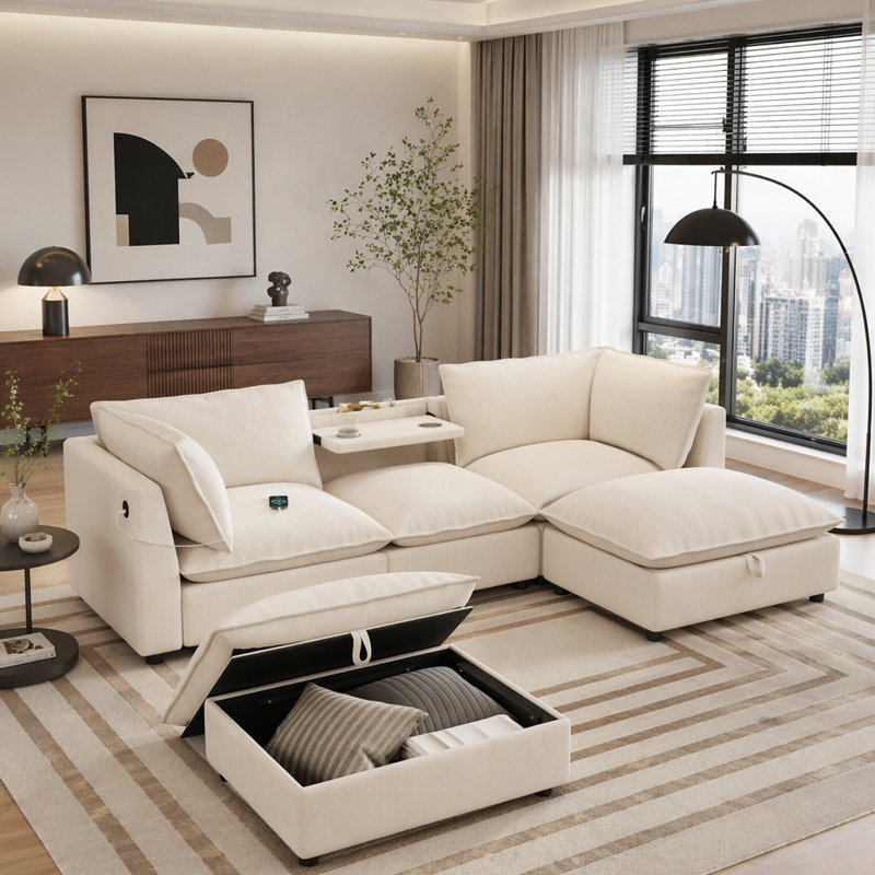 Canapé modulaire de 98 po en forme de U avec repose-pieds, table pliante, chargement USB et de type C, porte-gobelets, canapé en nuage en chenille