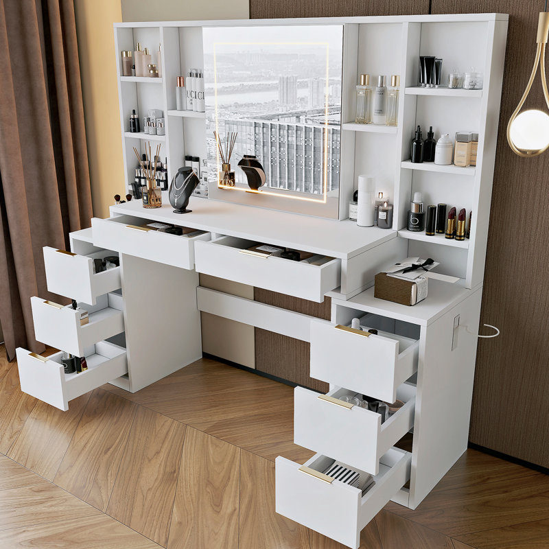 Bureau de maquillage avec miroir et lumières, coiffeuse avec tiroirs et tablettes de rangement ouvertes